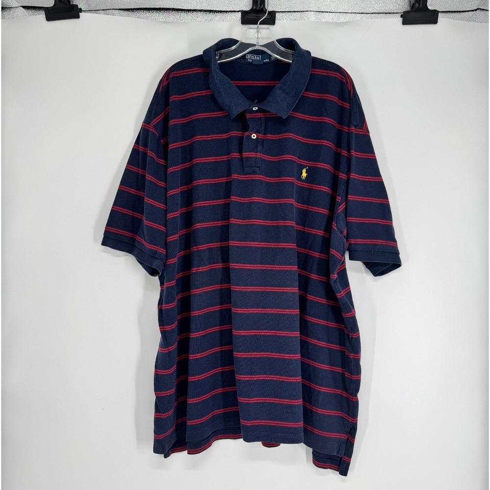 Polo Ralph Lauren Polo Shirt 5XL Big 5XB Navy Maroon Striped Short Sleeve Pony